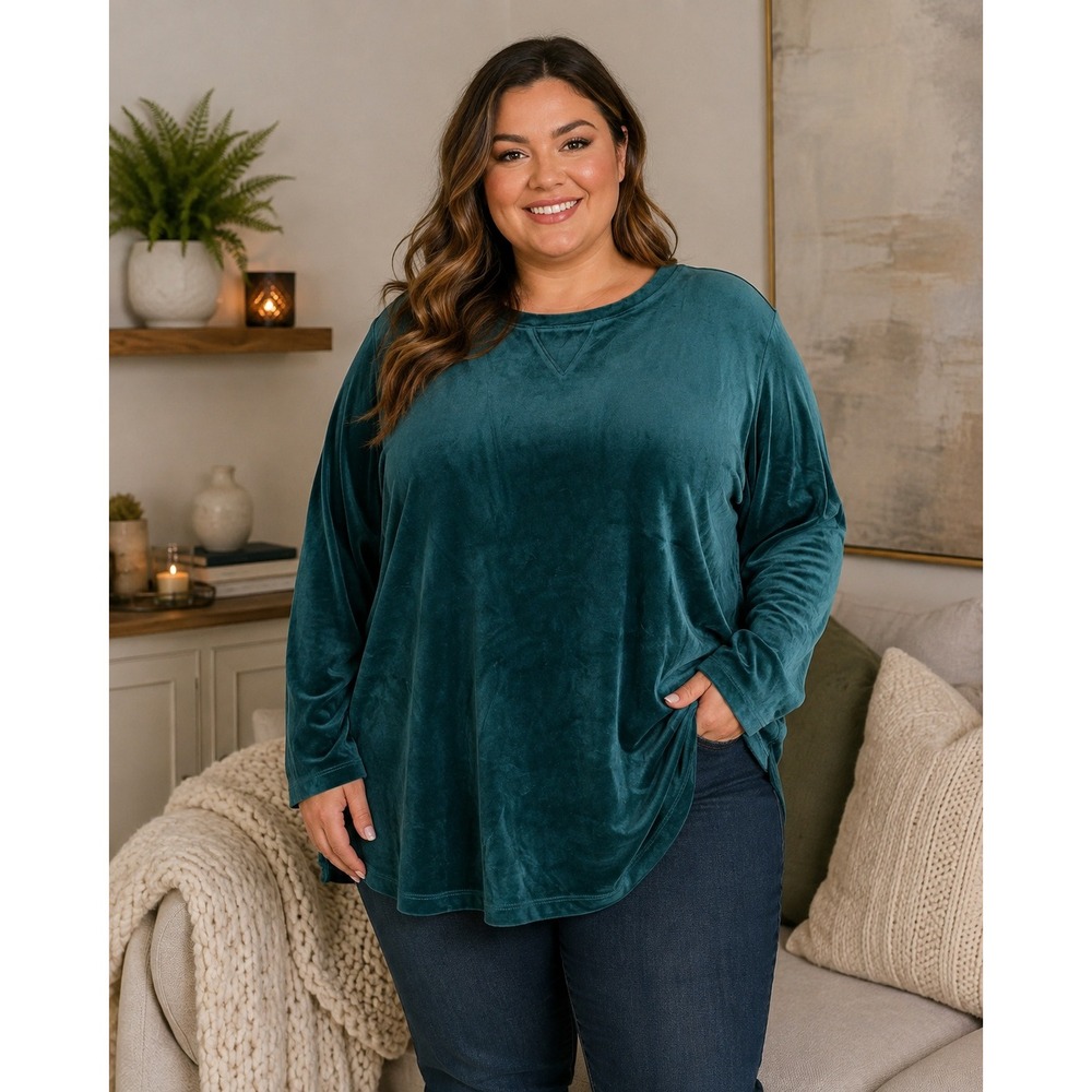456. Denim & Co Active Velour Sweatshirt Green Tunic Pocket Top 3XP